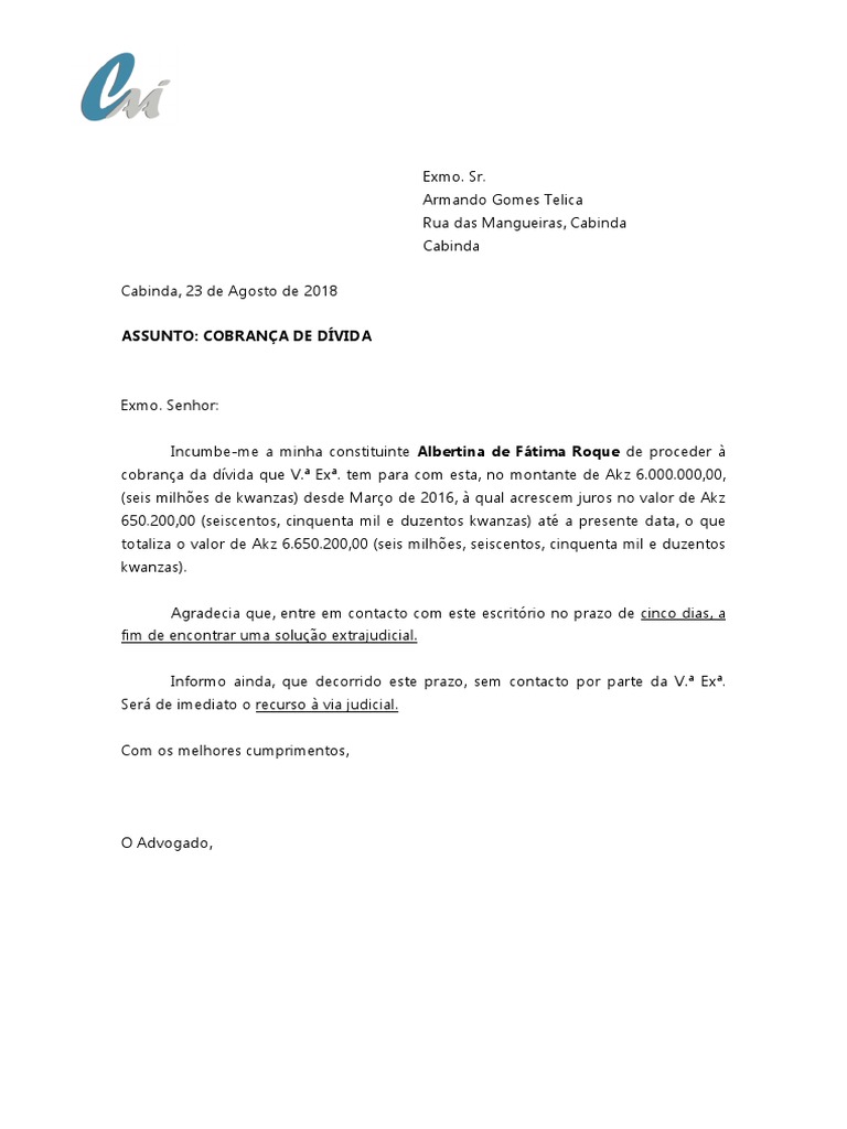 Minuta  Carta de Cobrança de Dívida