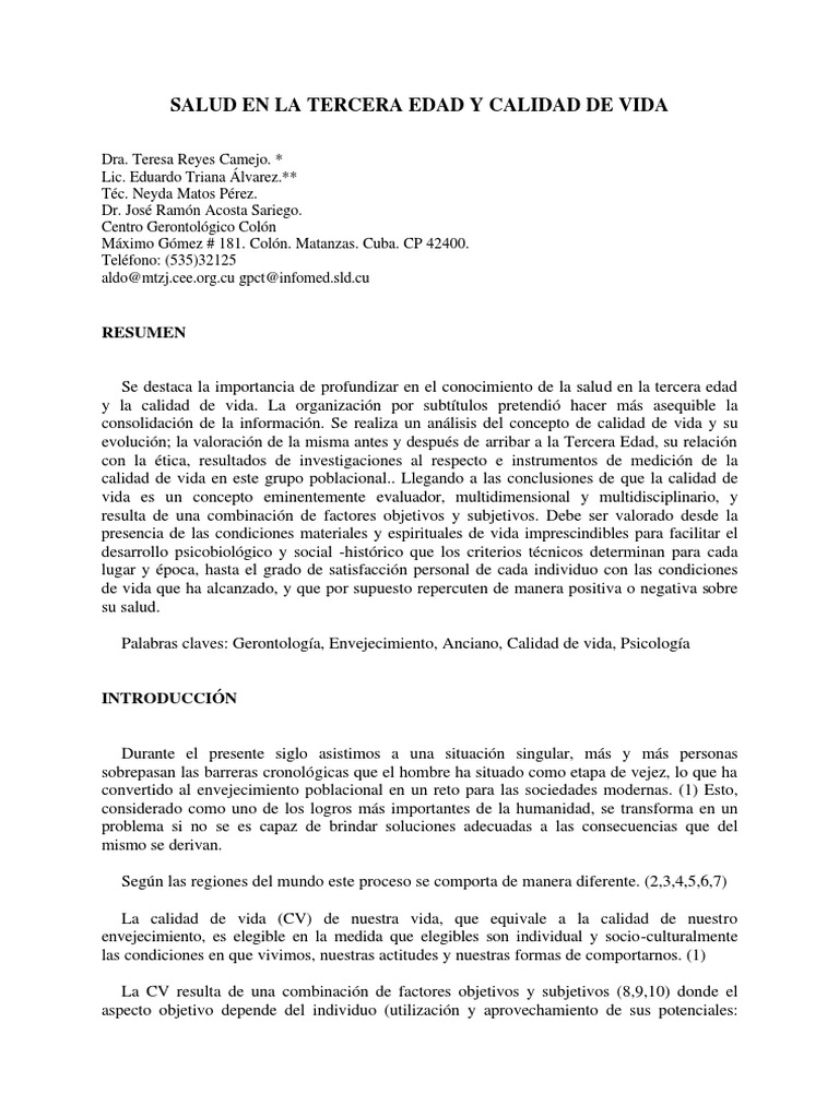 Calidad de Vida en la Tercera Edad | PDF | Vejez | Adultos
