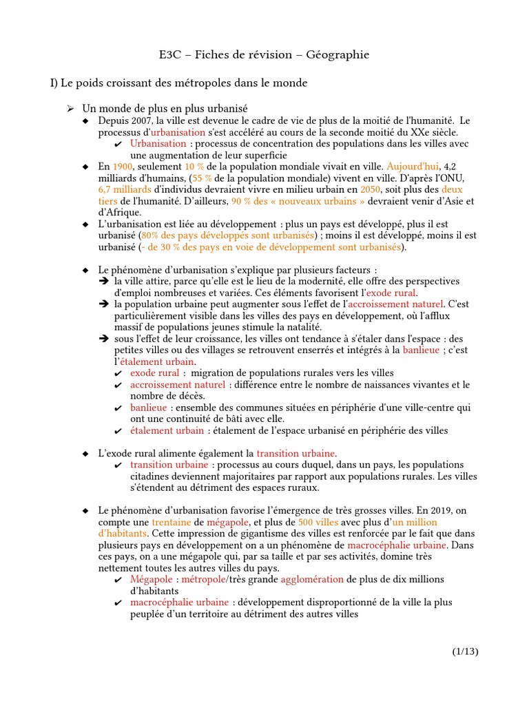 La Métropolisation Un Processus Mondial Différencié Fiche De Révision Pdf