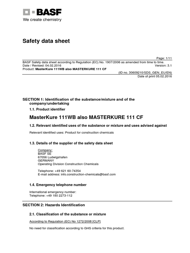 Basf Masterkure 111wb Sds PDF Toxicity Dangerous Goods