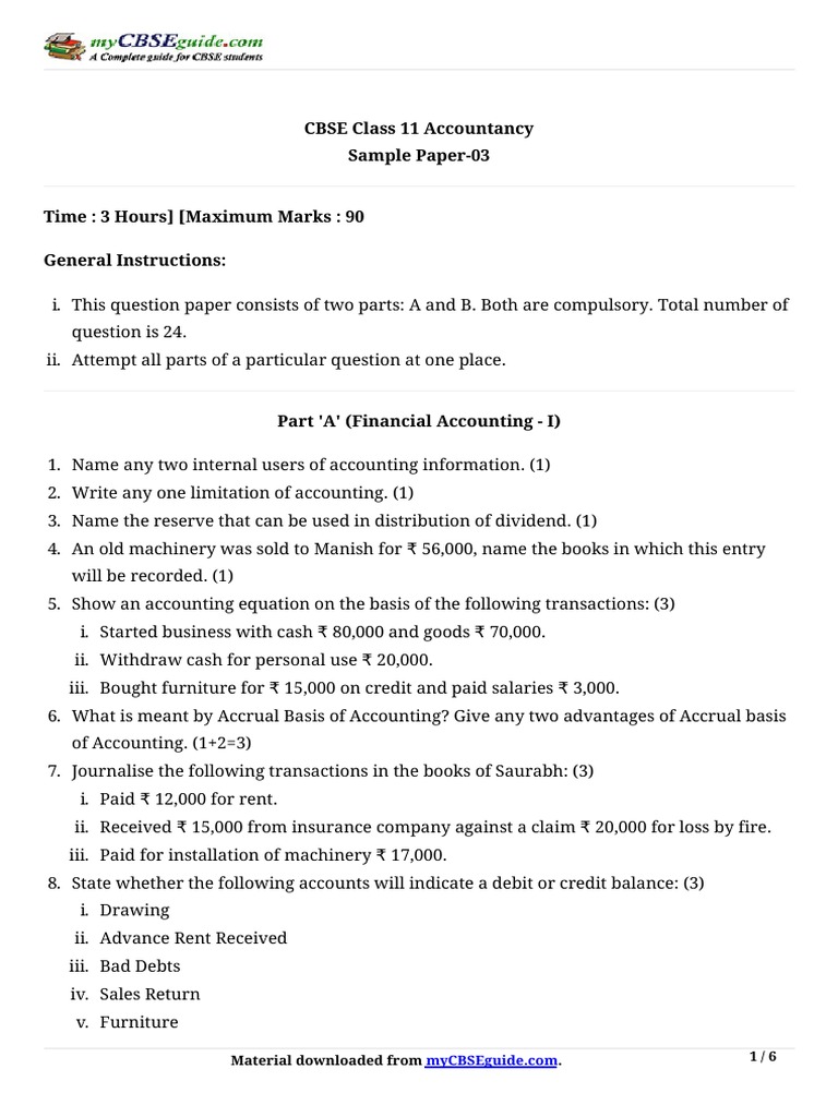 CBSE Class 11 Accountancy Sample Paper 3 | PDF | Debits And Credits ...