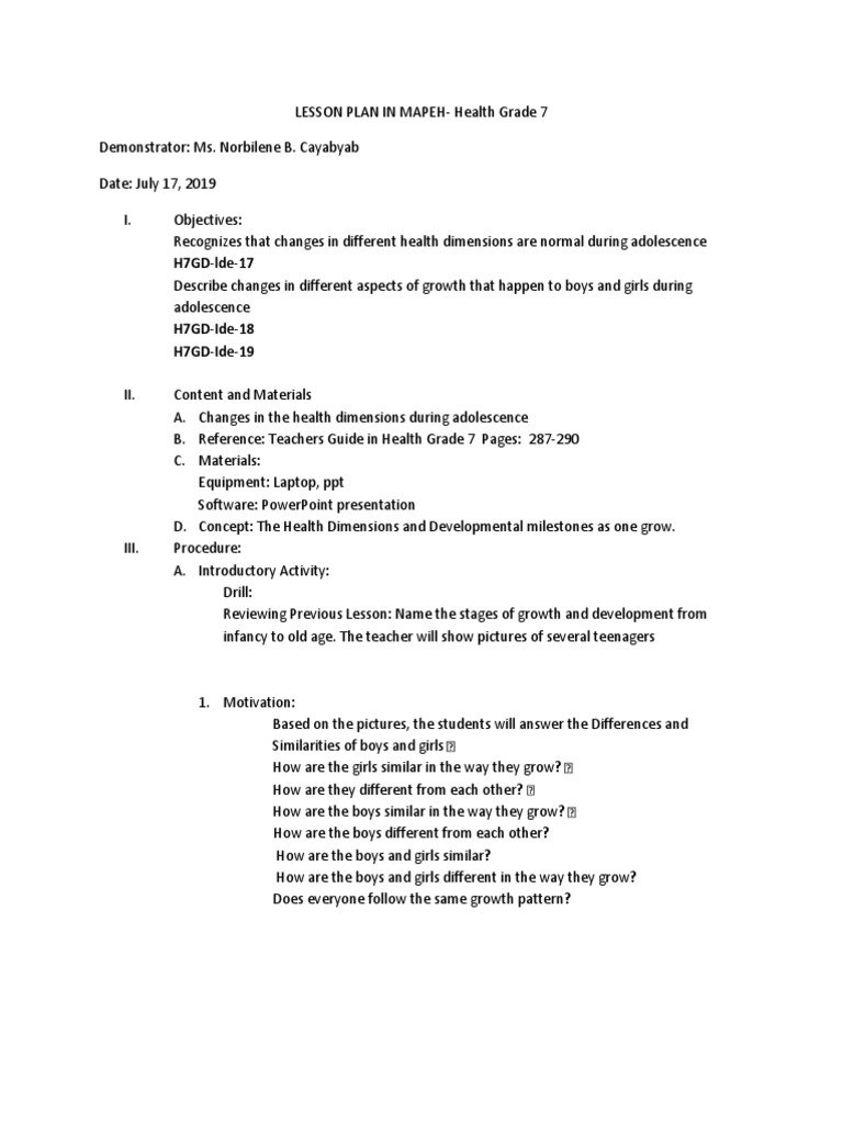 Lesson Plan Health 071719 | PDF | Puberty | Adolescence