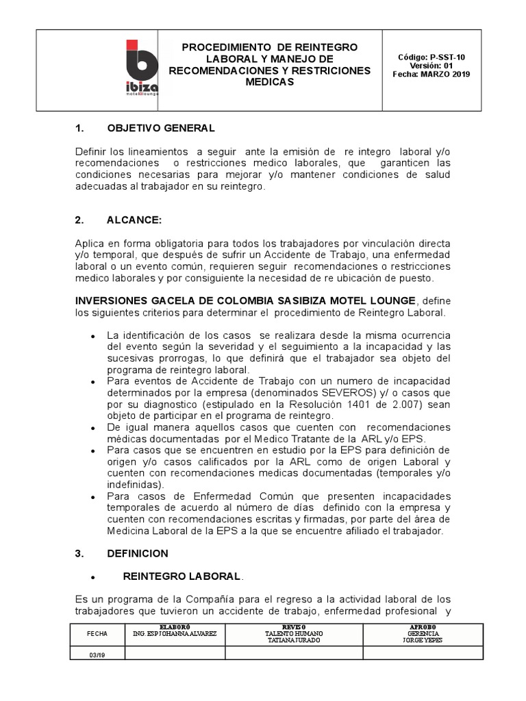 Procedimiento de Reintegro Laboral | PDF | Medicina | Salud y bienestar