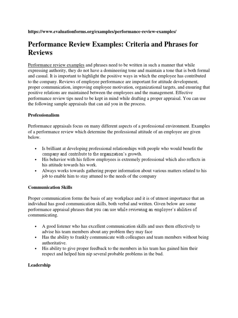 Performance Review Examples - Criteria and Phrases For Reviews | PDF | Performance  Appraisal | Leadership