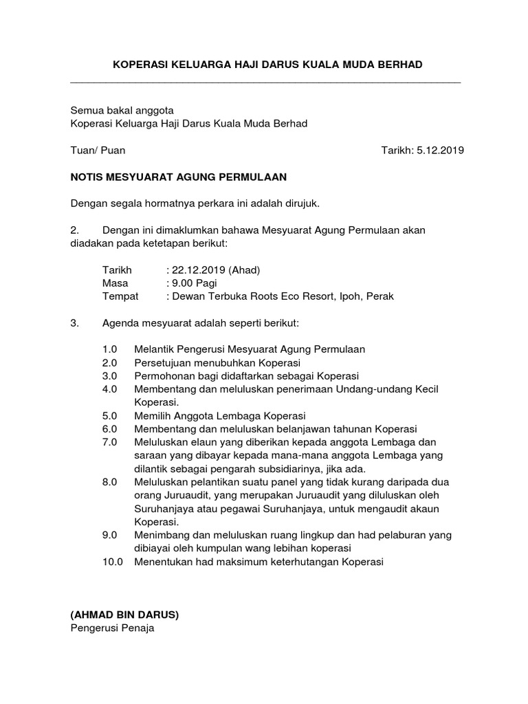 Contoh Notis Mesyuarat