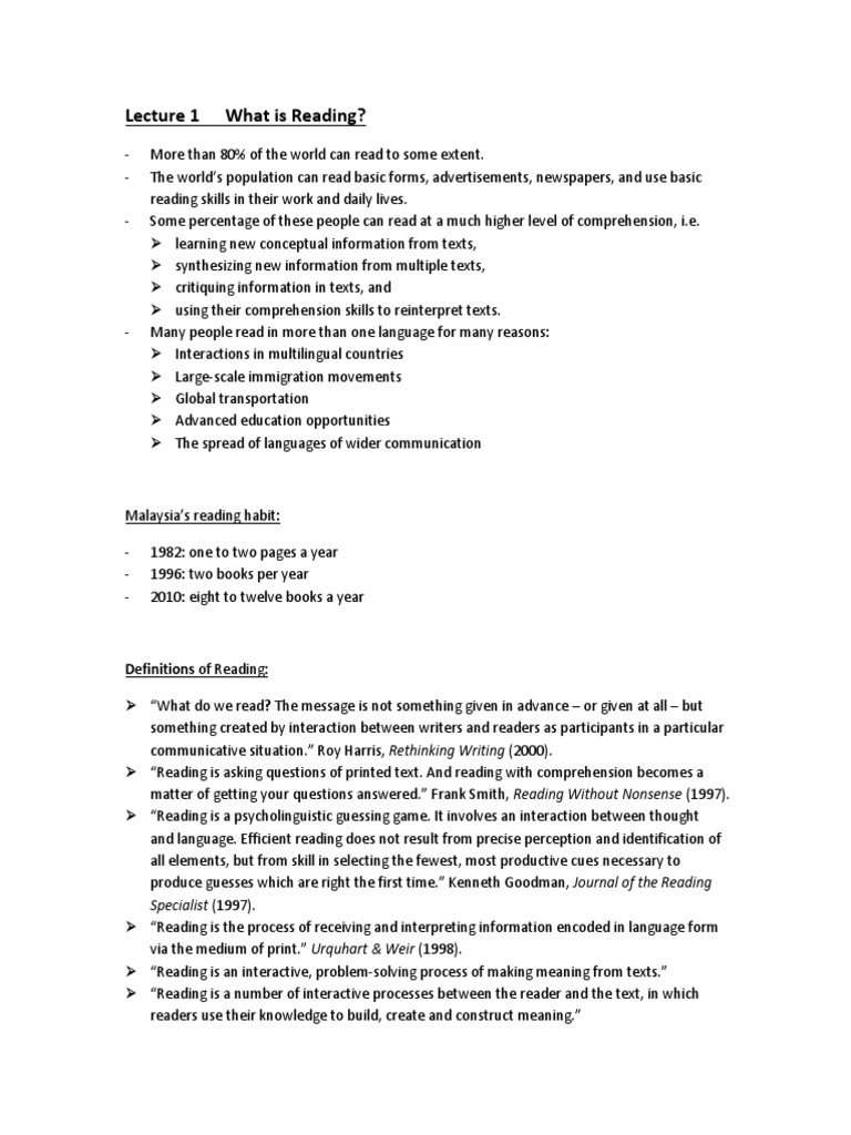 Lecture 1 What Is Reading PDF Mental Processes Semiotics