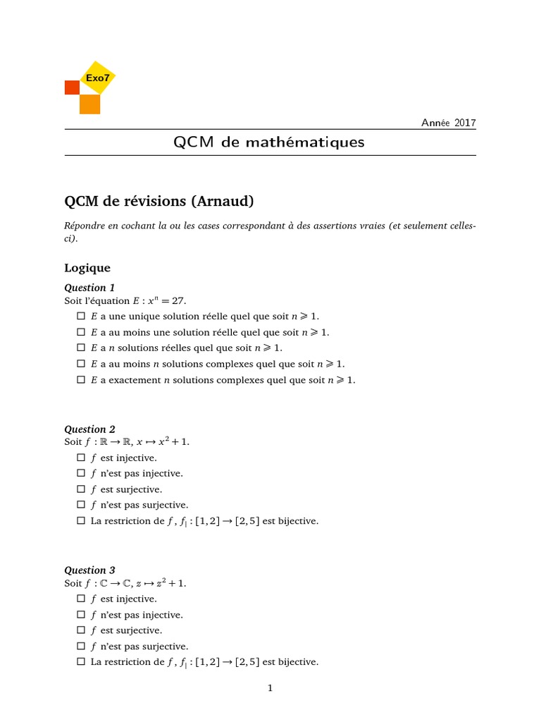 QCM Mathématiques 2017 - Exo7 | PDF | Dé | Polynôme