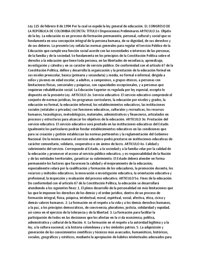 Ley 115 De Febrero 8 De 1994 Por La Cual Se Expide La Ley General De