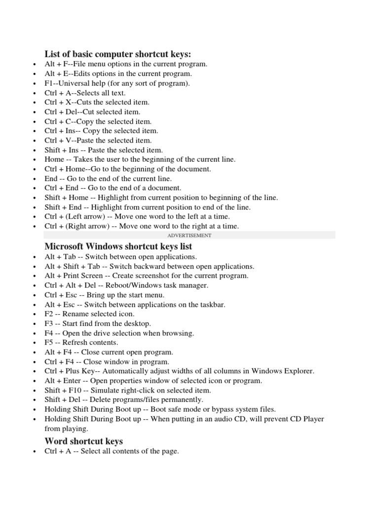 Essential Computer Shortcut Keys List | PDF | Keyboard Shortcut ...