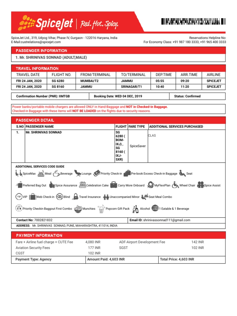 Flight Ticket 24 01 20 Pdf Pdf Baggage Credit Card