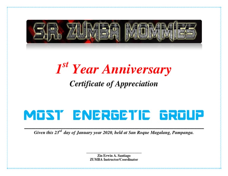 Zumba Certificate of Appreciation PDF