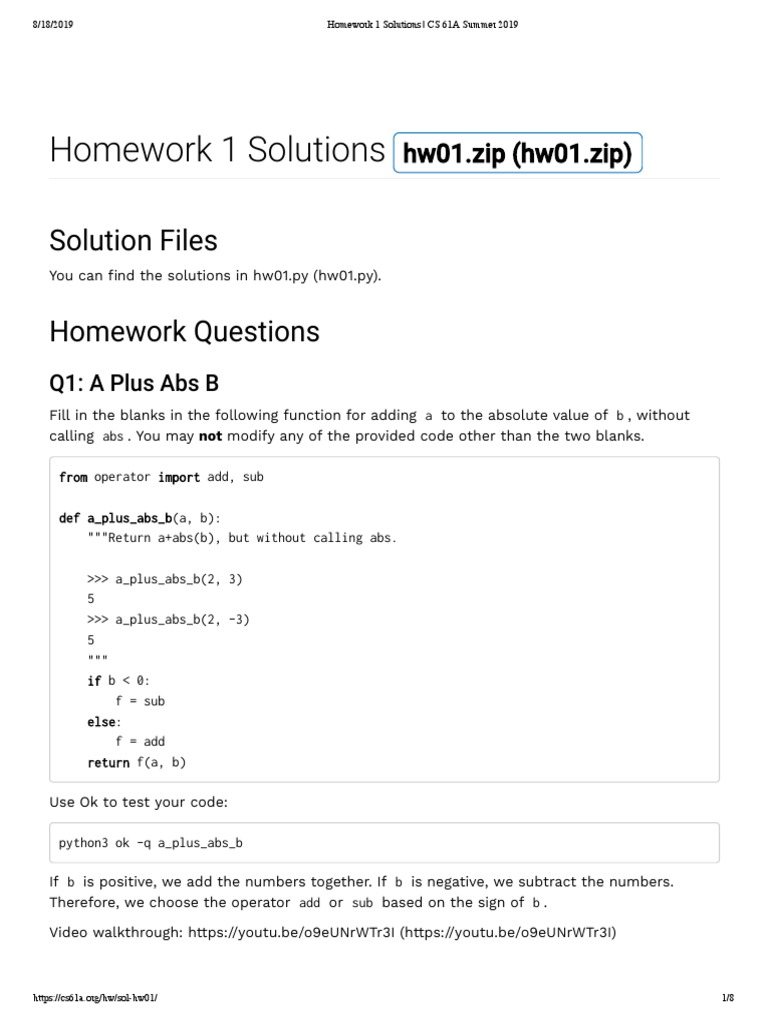 CS 61A Summer 2019 Homework 1 Solutions | PDF | Function (Mathematics ...