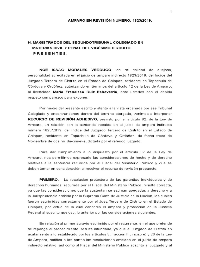 Recurso de Revisión Adhesivo en Amparo | PDF | Caso de ley | Sentencia ...