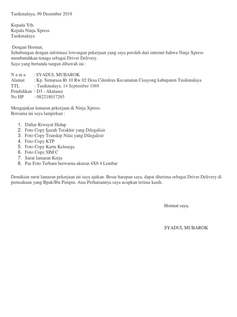 Download 81+ Contoh Surat Lamaran Kerja Ninja Xpress Gratis