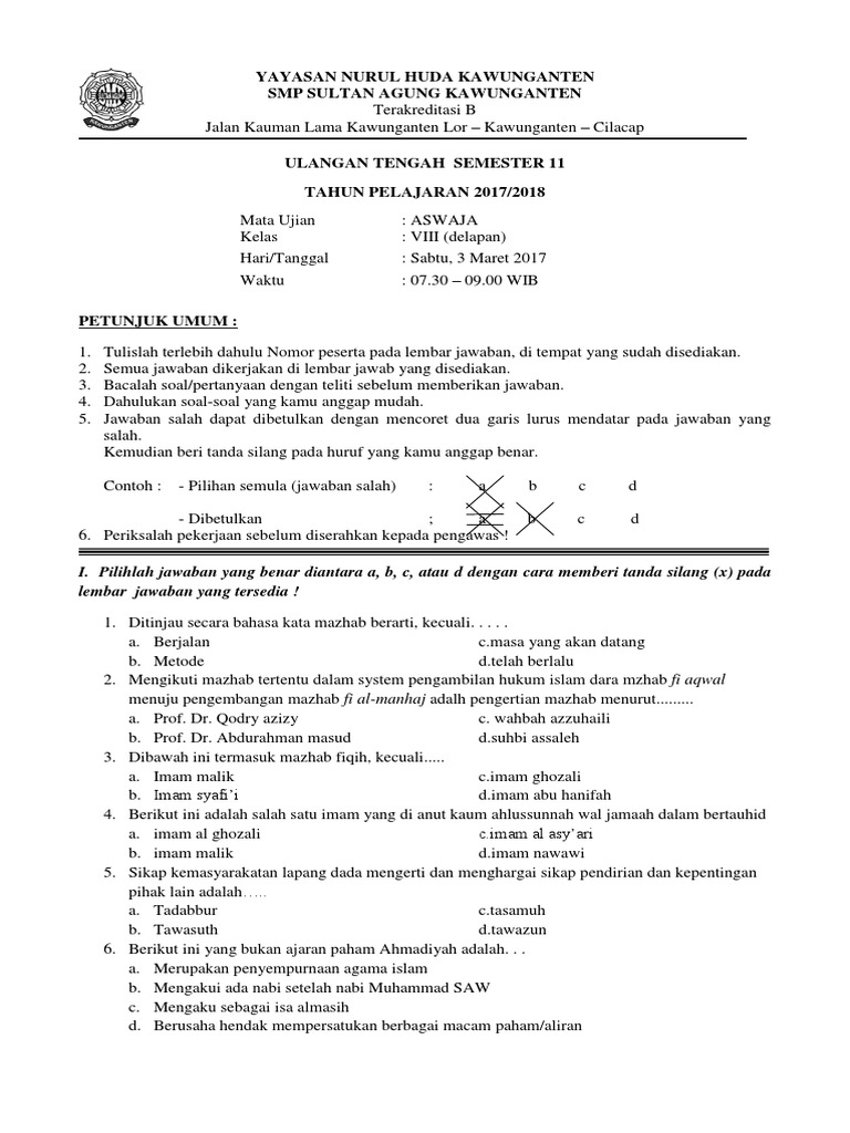 Soal Aswaja Beserta Jawabannya Kelas 11