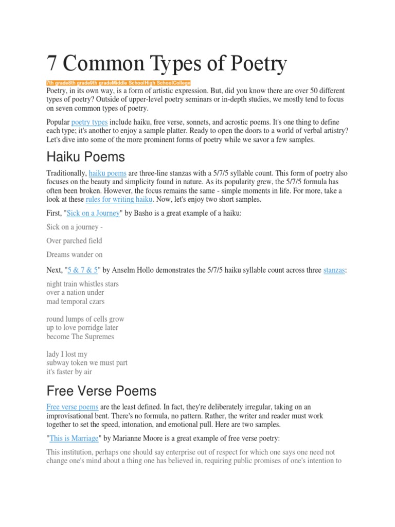 7 Common Types of Poetry | PDF | Sonnets | Haiku