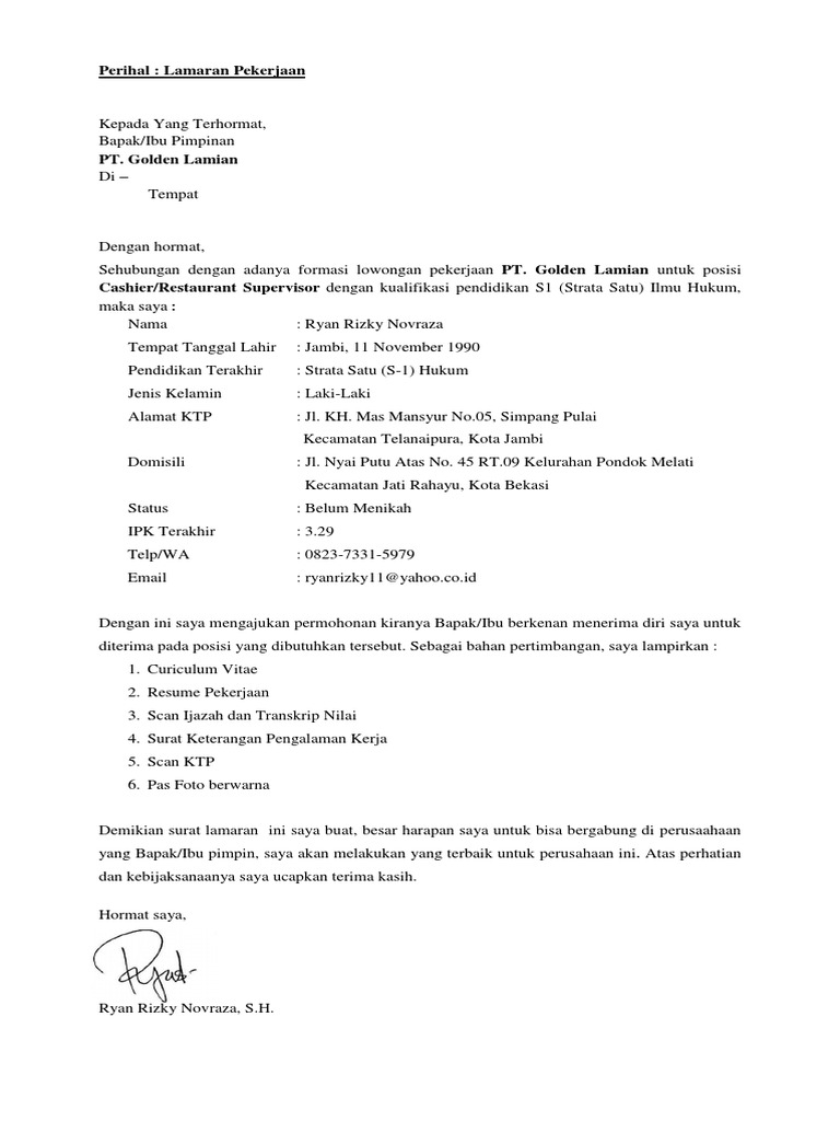 Download 50+ Contoh Surat Surat Lamaran Kerja Restoran Terbaik Dan Terbaru