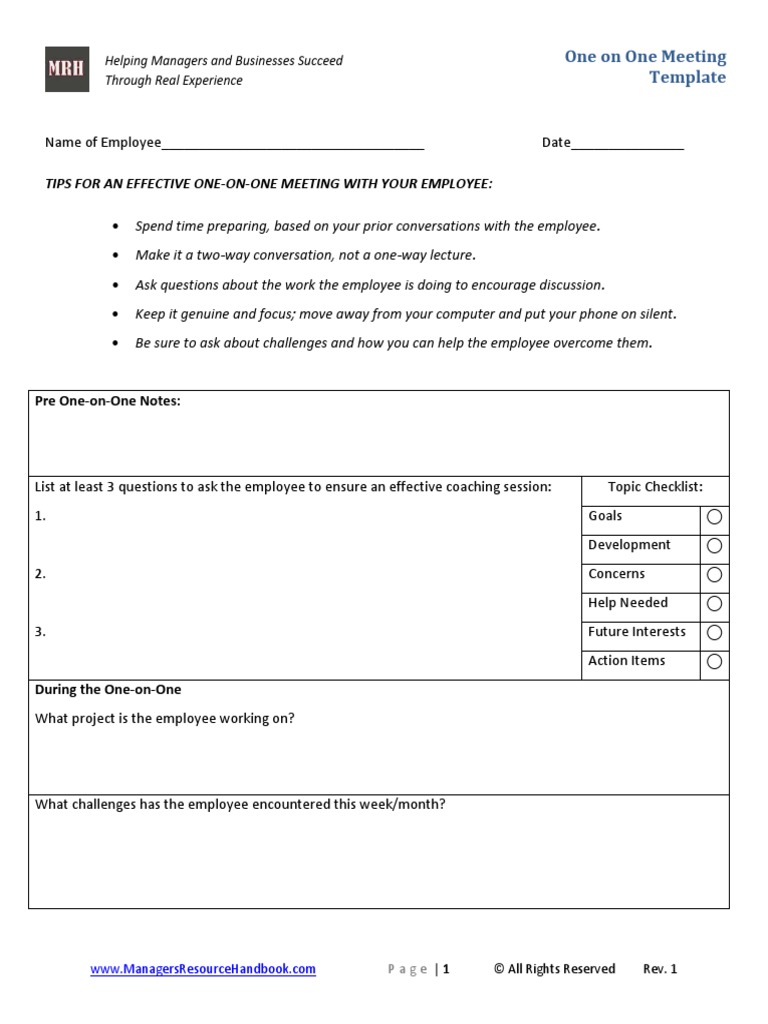 One On One Meeting Template Pdf Communication