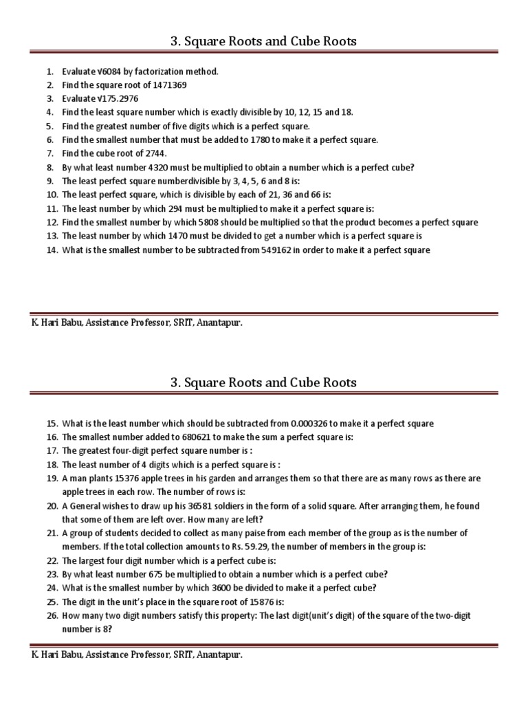 Square Roots and Perfect Squares Guide | PDF | Numbers | Discrete ...