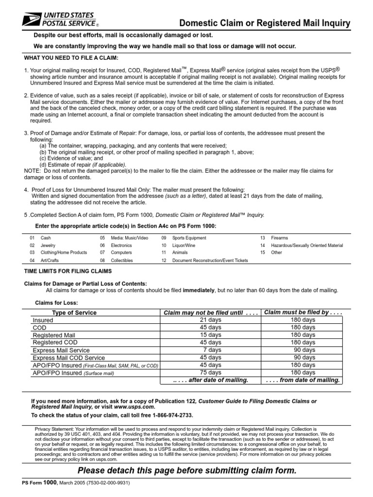 File A Usps Claim PDF PDF United States Postal Service Registered