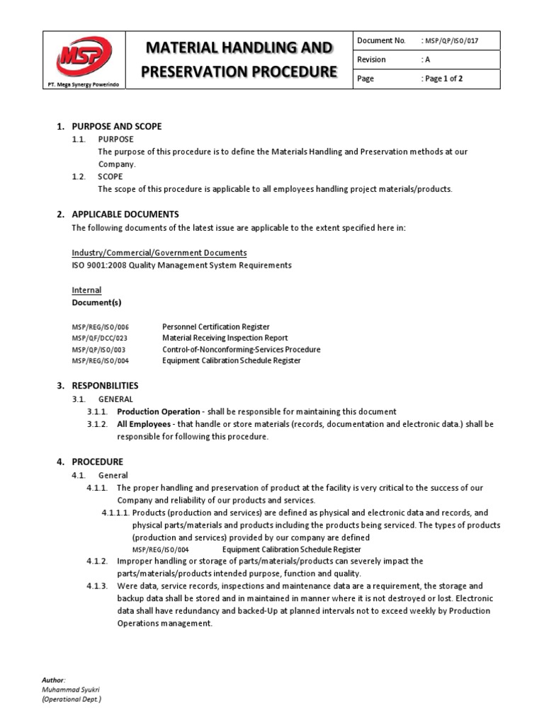 17. Material Handling and Preservation Procedure.pdf Quality