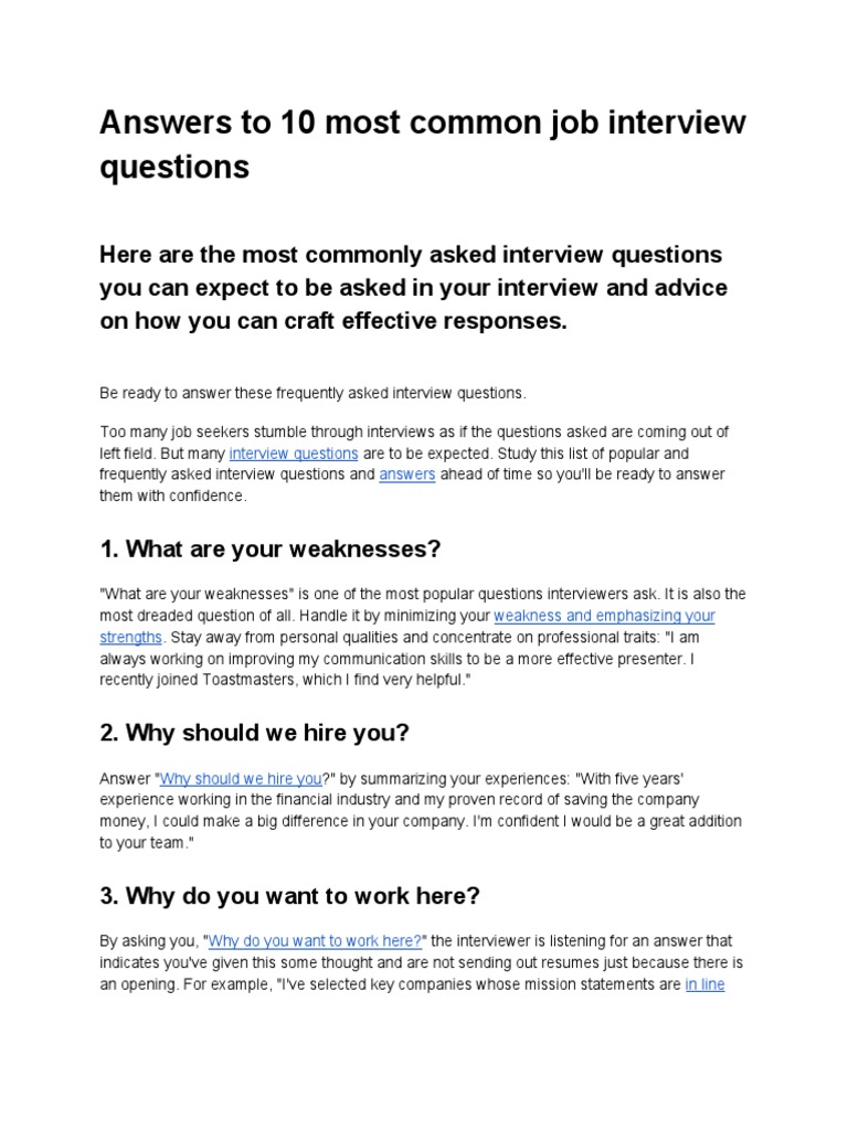 Answers To 10 Most Common Job Interview Questions PDF Job Interview