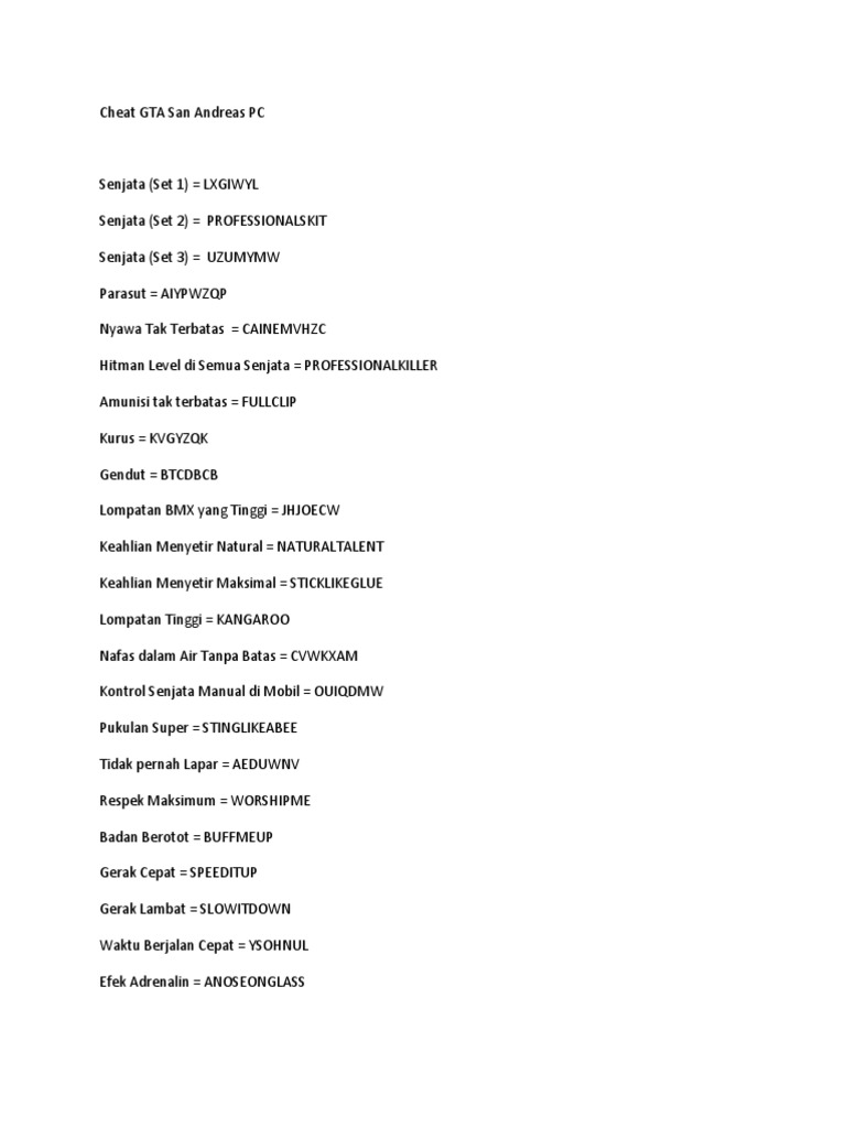 Cheat Gta San Andreas Pc
