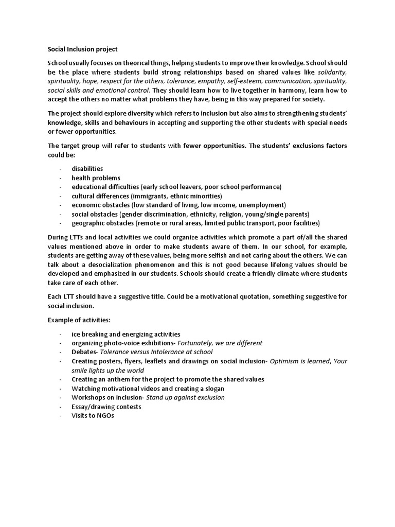 Social Inclusion Project Overview | PDF | Social Exclusion | Value (Ethics)