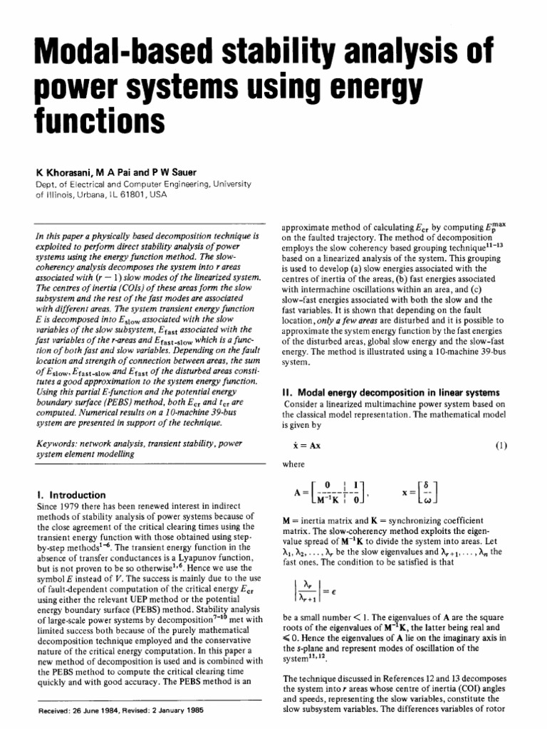 Power Systems Using Energy Functions: Modal-Based Stability Analysis of ...