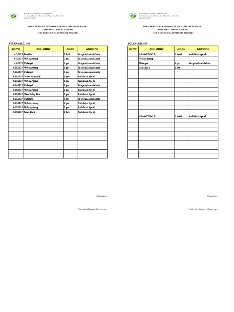 Formulir Penggunaan BMHP Rumah Sakit | PDF