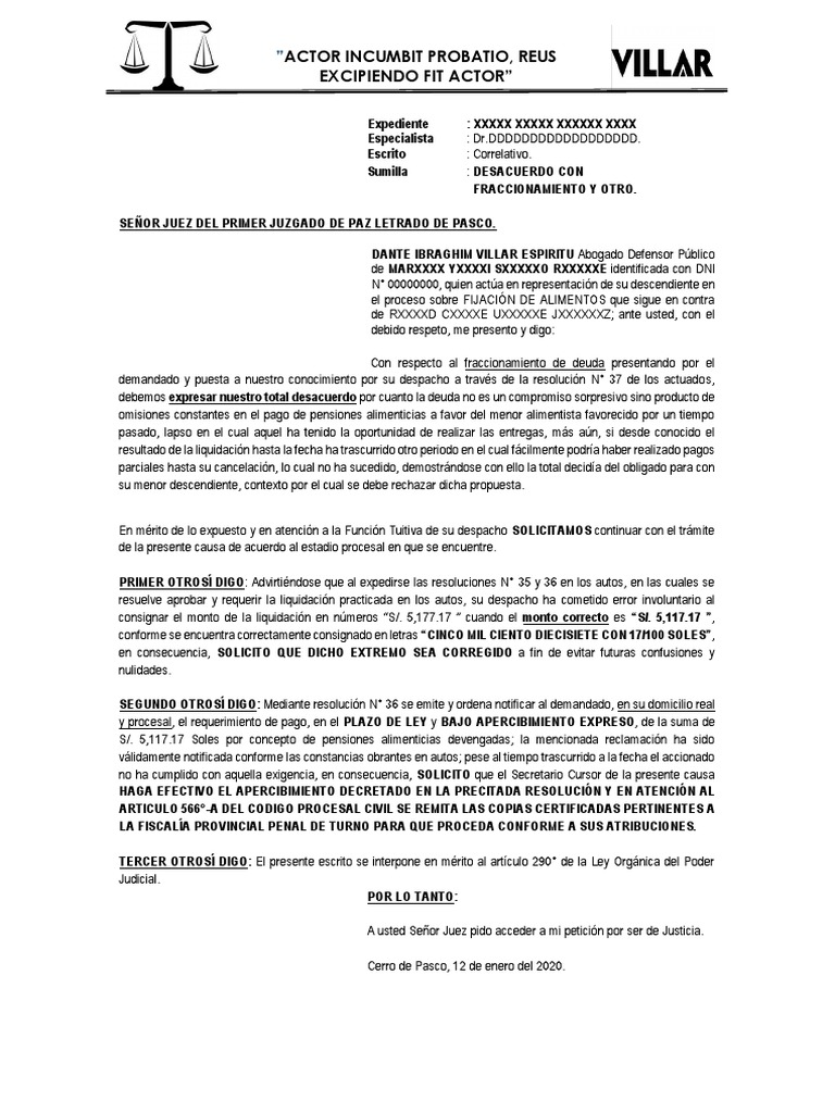 Escrito Para Rechazar Pedido De Fraccionamiento Alimentos Ley Publica Informacion Del Gobierno