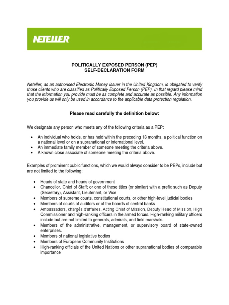 Neteller PEP Self - Declaration Form | PDF | Government Information ...