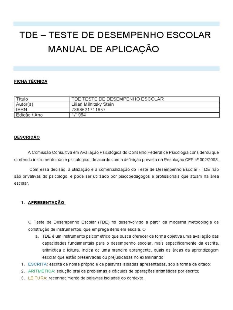 TDE Manual Explicativo PDF Aritmética Psicologia