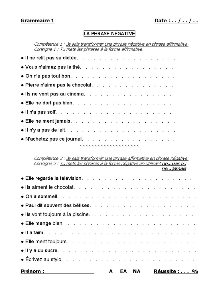 Forme Affirmative Et Négative Cm1 01 La Phrase Negative | PDF
