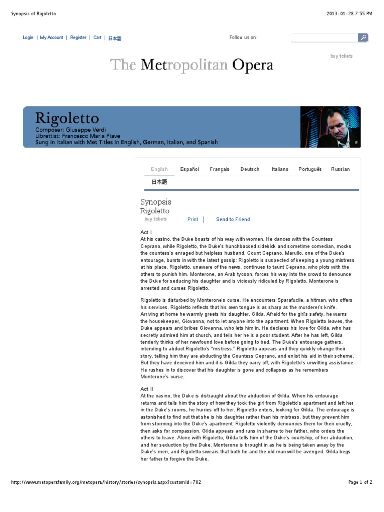 Synopsis Of Rigoletto Pdf Vocal Music Italian Music