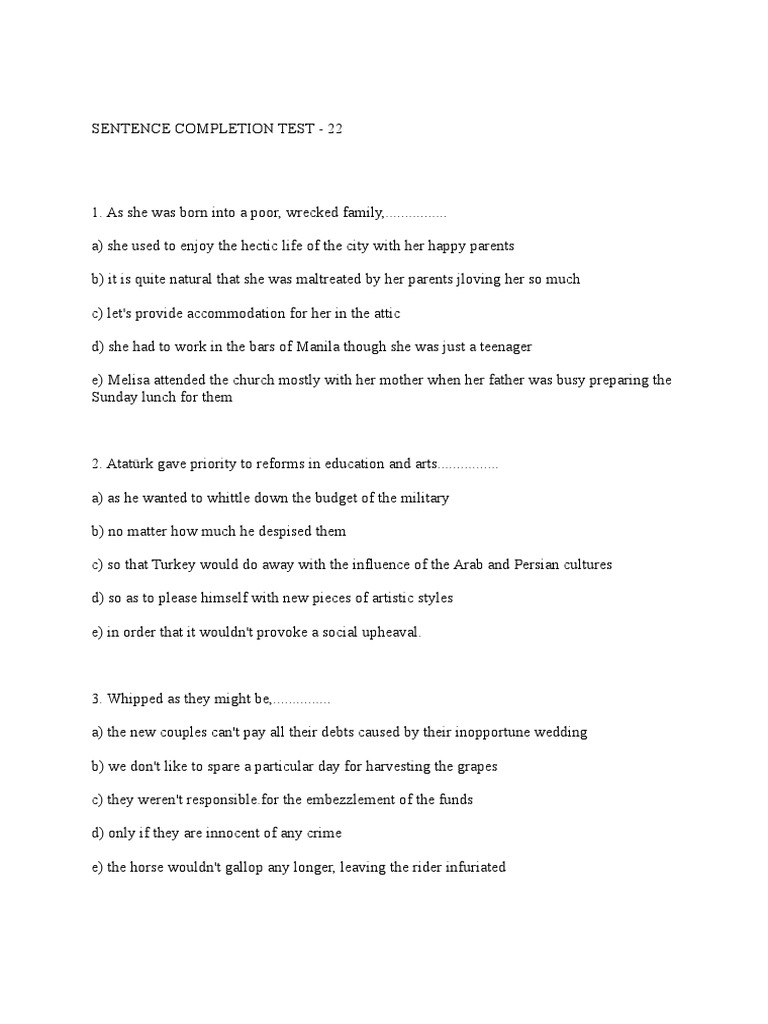 Sentence Completion Test - 22 Examples | PDF | Games & Activities