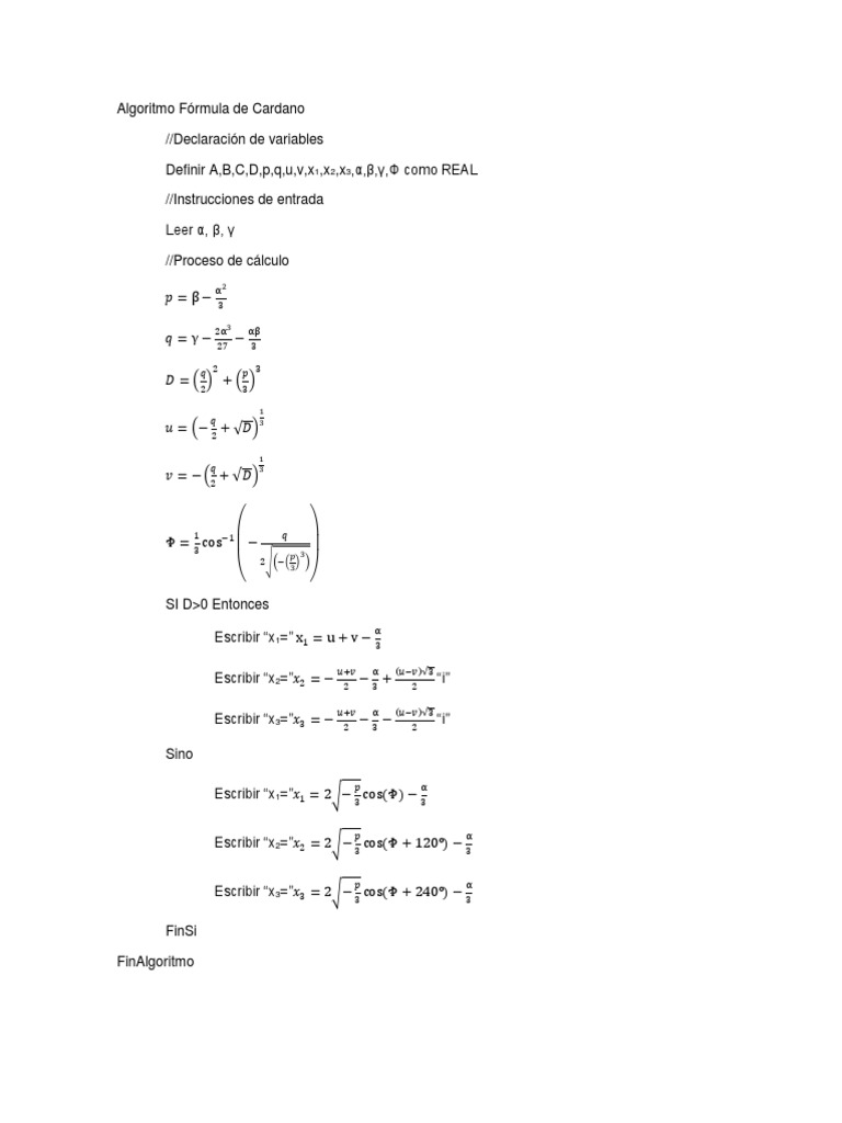 Algoritmo Fórmula de Cardano | PDF | Algoritmos | Conceptos matemáticos