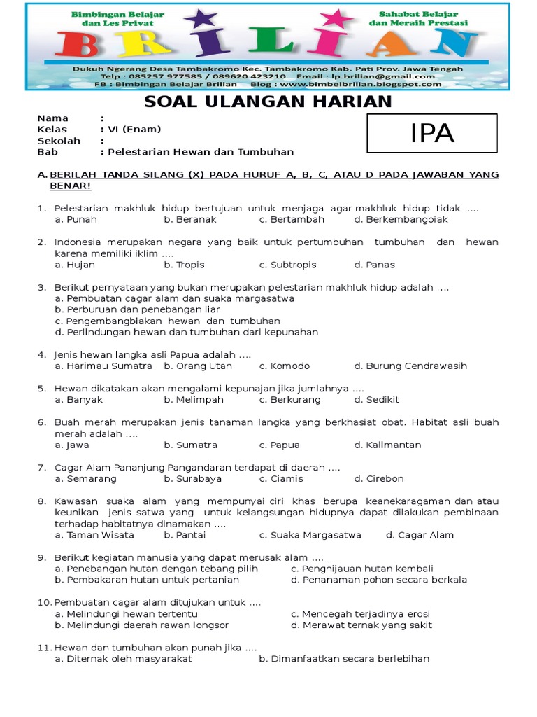 Soal Ipa Kelas 6 Sd Bab 4 Pelestarian Hewan Dan Tumbuhan