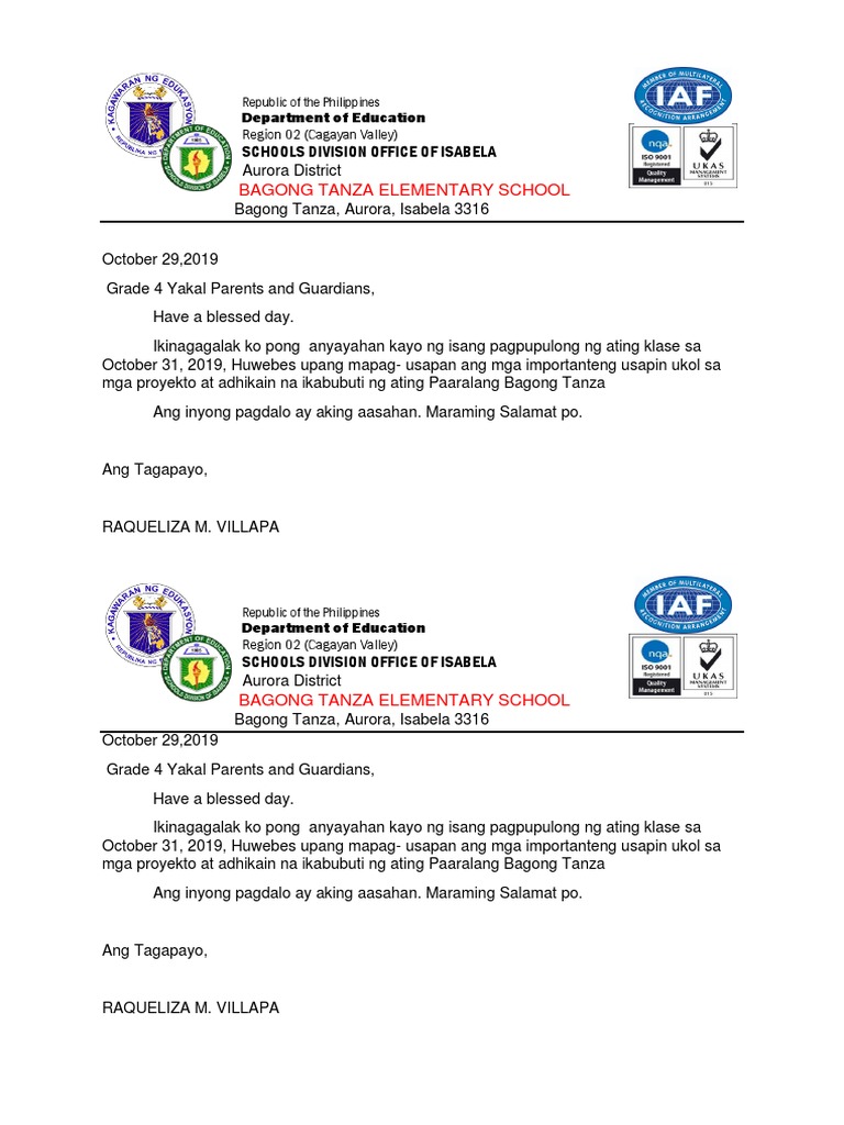 Letter For Parents Meeting | PDF | Philippines