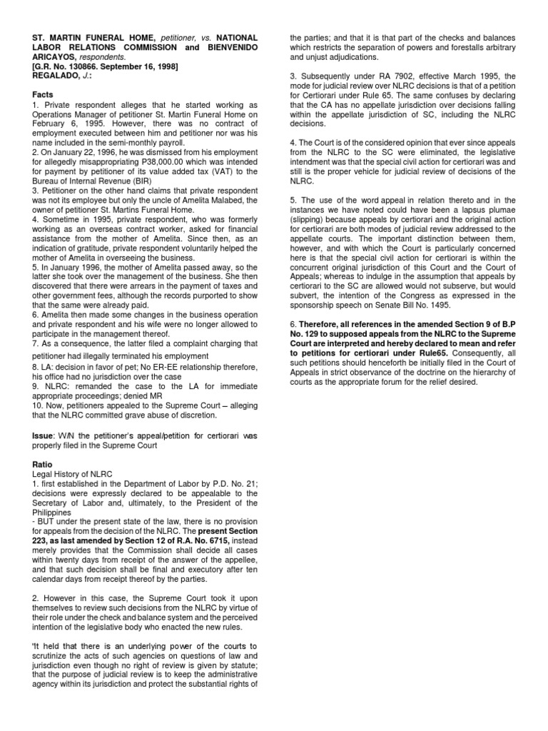 St. Martin's Funeral Homes v. NLRC PDF Certiorari Supreme Courts
