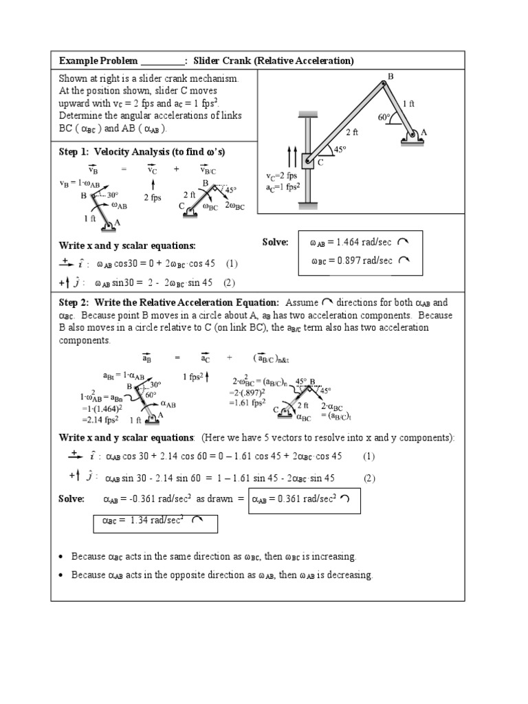 Slider Crank Mechanism Acceleration Analysis | PDF