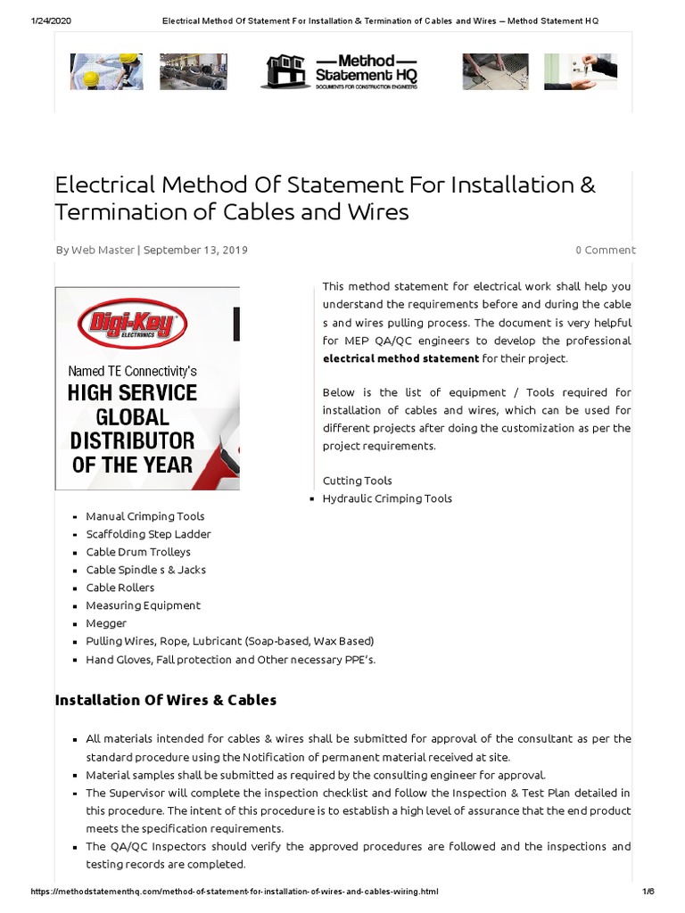 Electrical Cable Installation Method Statement | PDF | Wire ...