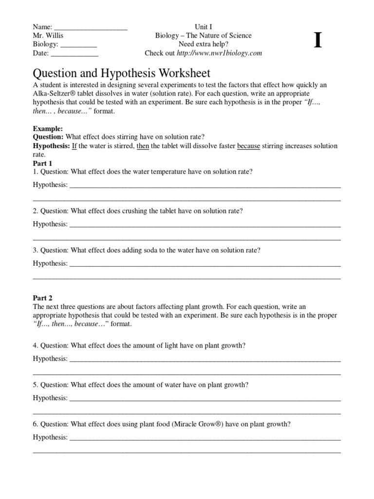 HypothisisWorksheetDay16 PDF  Experiment  Hypothesis