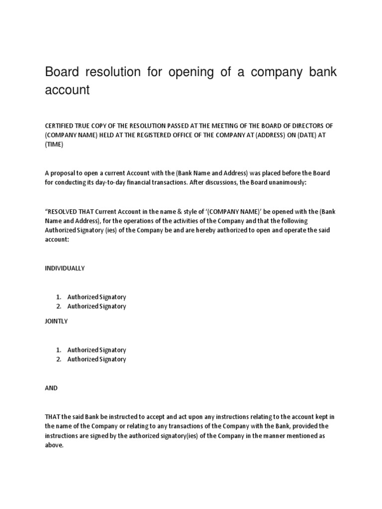 Board Resolution For Opening of A Company Bank Account | PDF | Board Of ...
