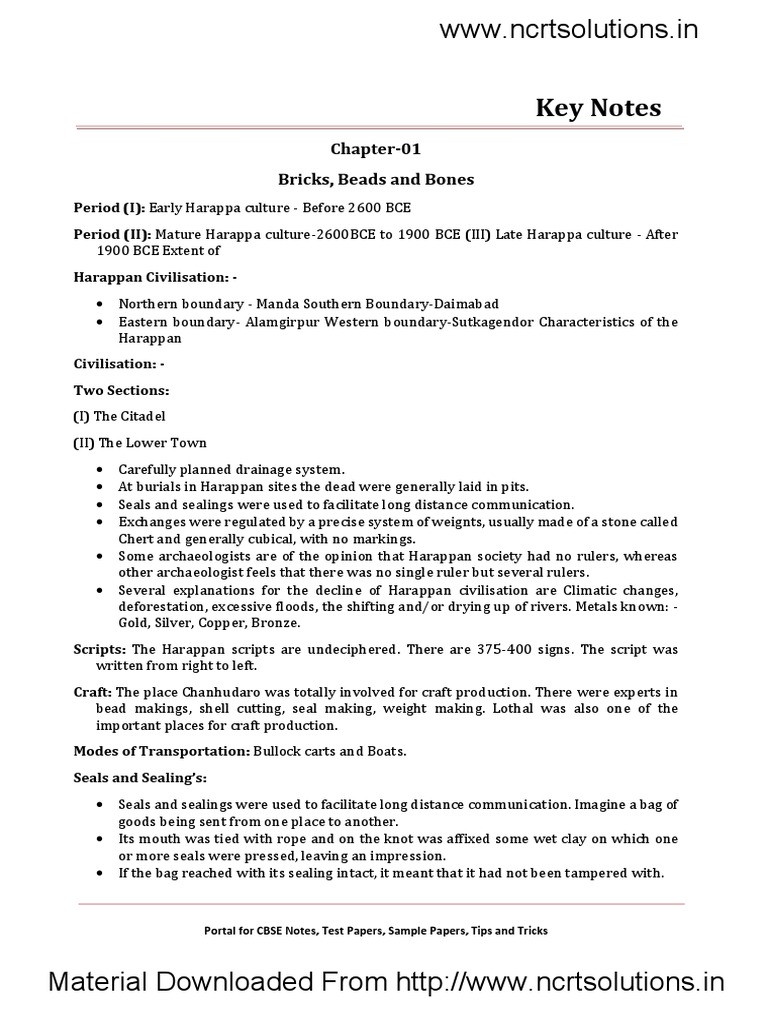 12 History Key Notes CH 01 Bricks Beads and Bones | PDF