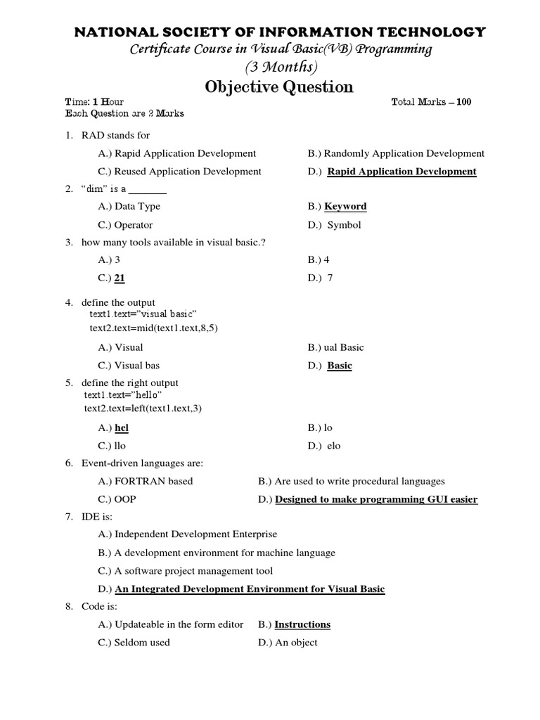 Visual Basic Programming Question Paper For Institute | PDF ...