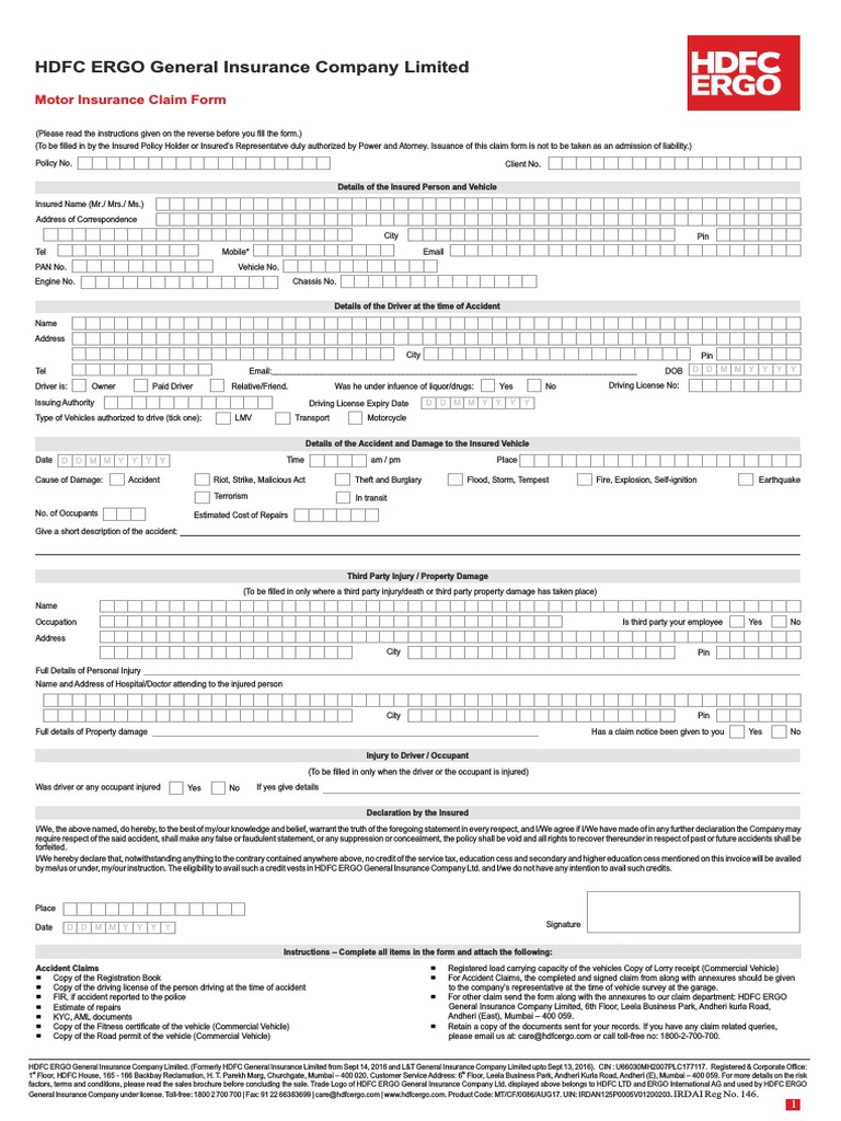 Motor Claim Form PDF Vehicle Insurance Insurance