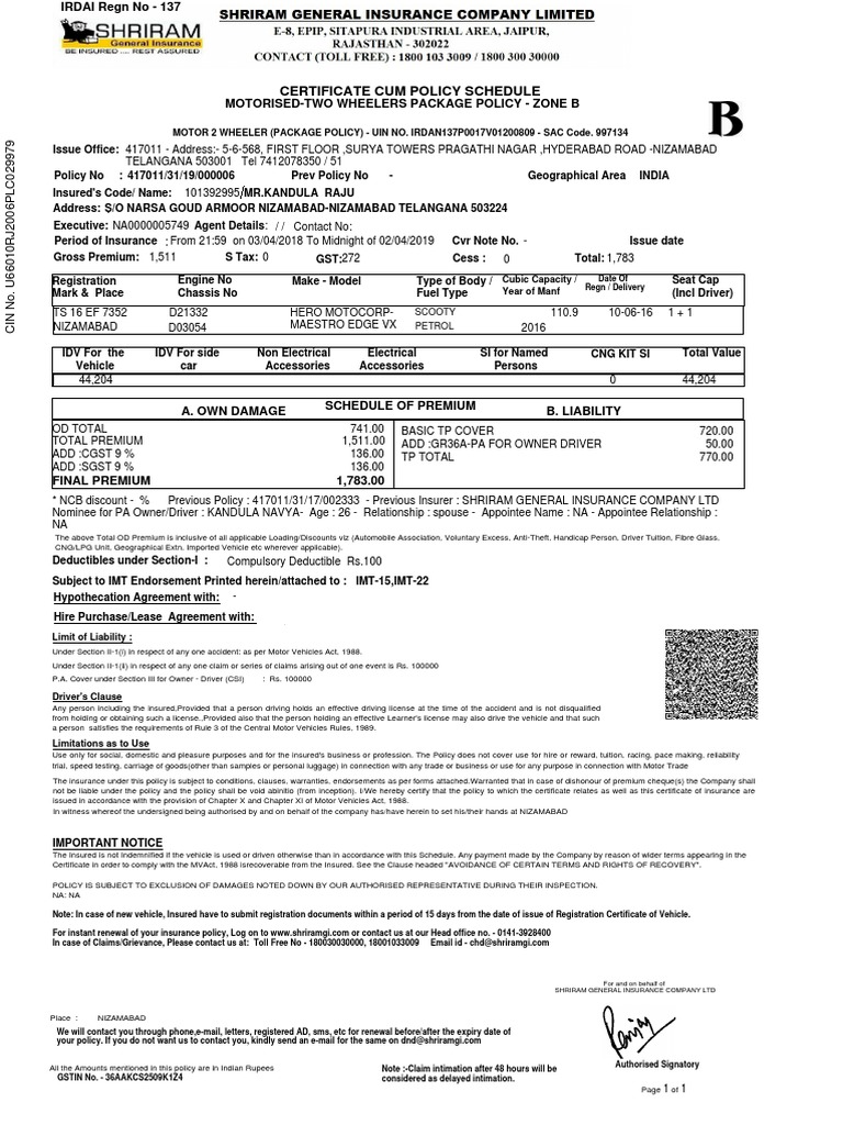 Nizamabad Vehicle Insurance Certificate | PDF | Deductible | Insurance ...