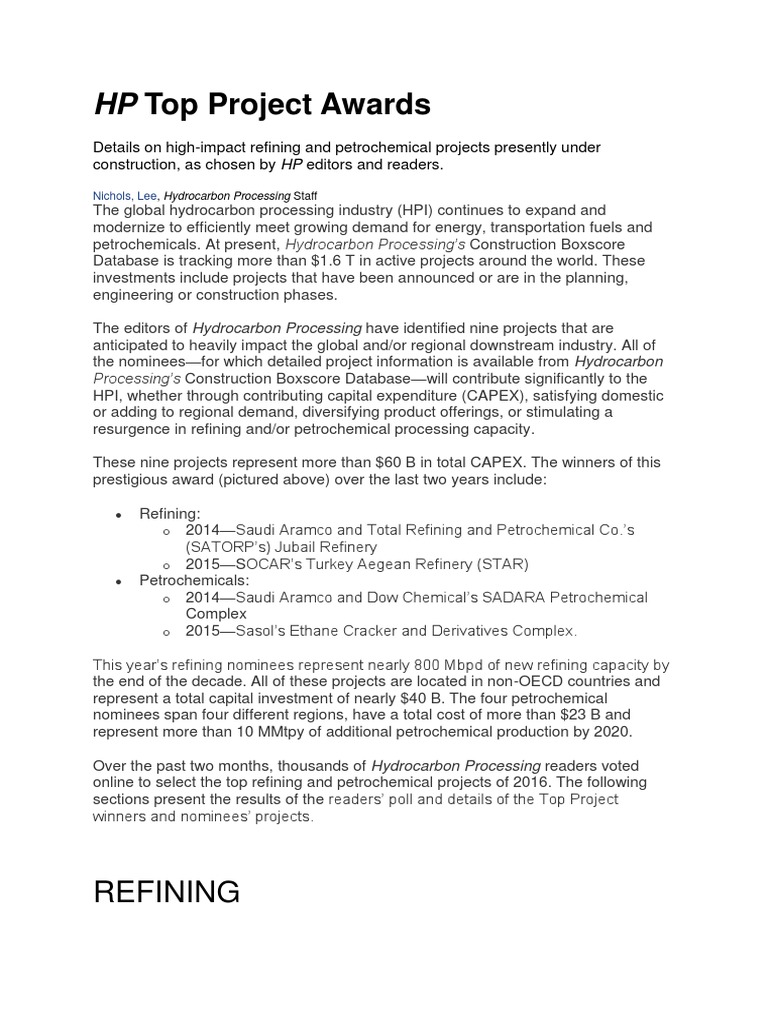 Hp Top Project Awards Oil Refinery Petrochemical