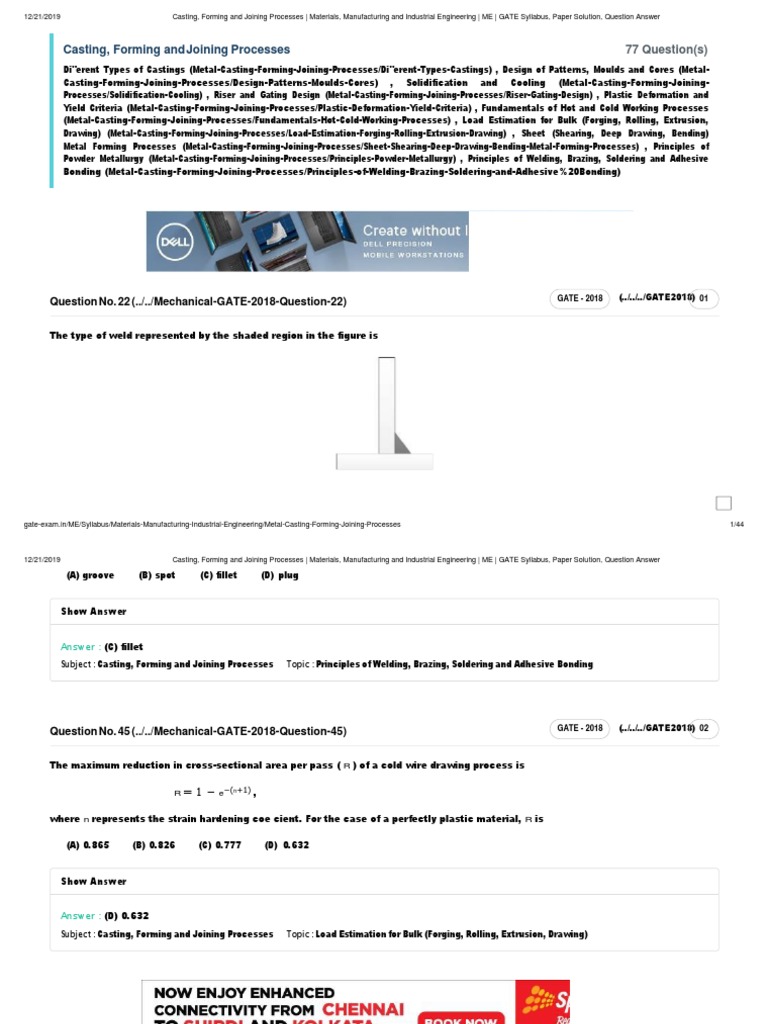 Casting, Forming and Joining Processes GATE Questions PDF Casting